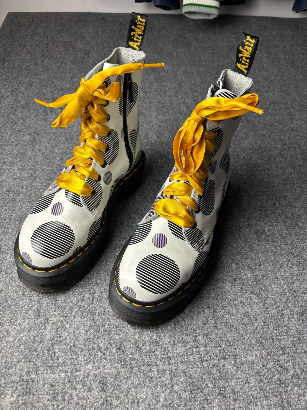 Dr. Martens White Polka Dot Combat Boots with Yellow Laces